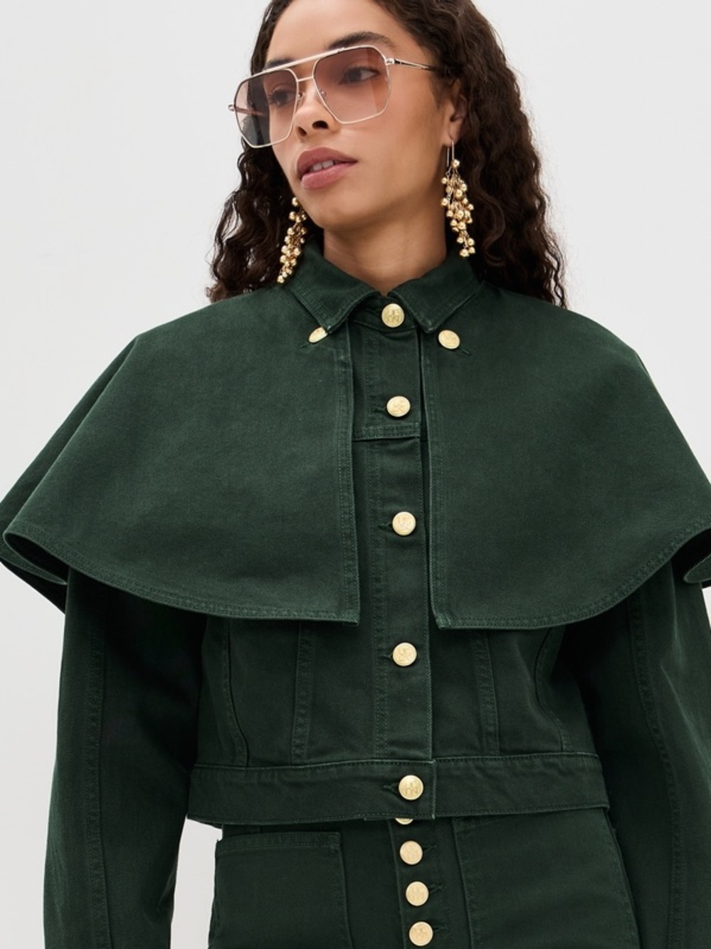 Ulla Johnson Agata Denim Cape Jacket Hunter Green Removable Cape size Large NWT